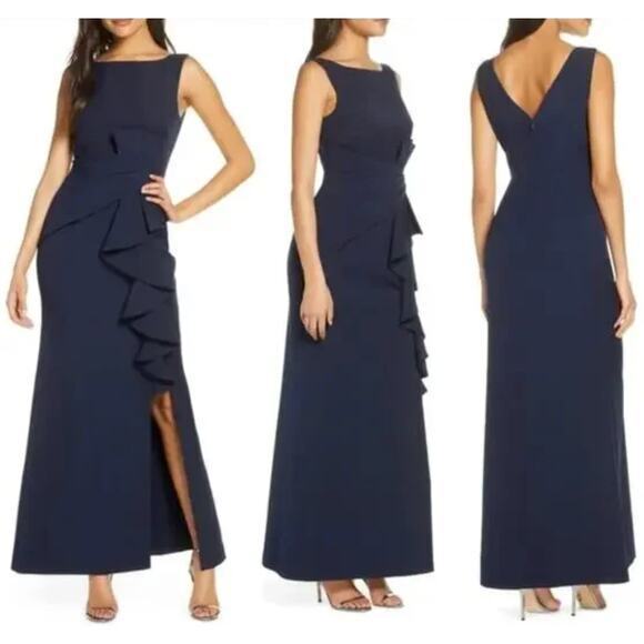 New! Eliza J Ruffle Front V-Neck‎ Gown in Navy Blue, size 16 - Picture 1 of 10